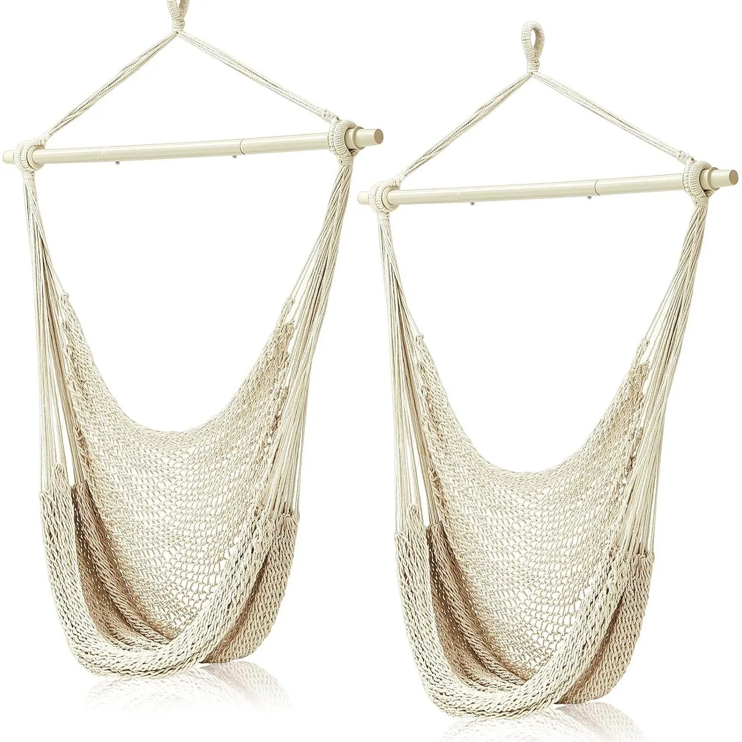 2 Pcs Hanging Hammock Chair Boho Swing Chair Outdoor Indoor Comfy Soft Cotton Rope Weaving with 40 Inch Detachable Metal Bars for Backyard Living Room Garden, 270lb Capacity (Beige)