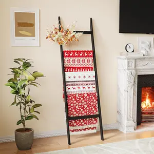 Blanket Ladder Towel Racks For Bathroom 5 Layers Towel Holder 100% Bamboo Wood Sturdy Construction No Need Wall Drilling Quilt Scarf Storage Solution Decorative Leaning Shelf  Living Room (Black)