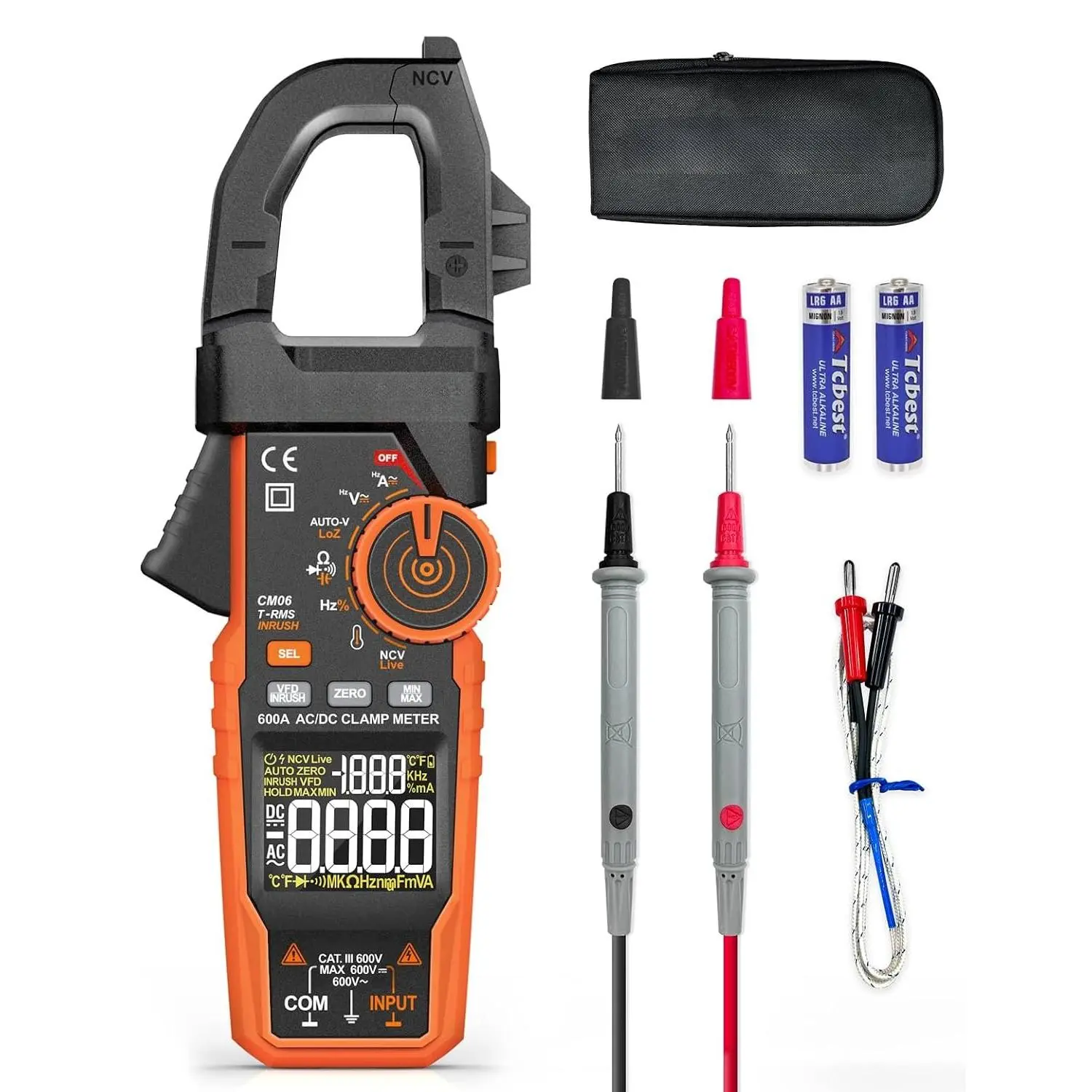 CM06 TRMS Accurate Inrush Clamp Meter, 6000 Counts 600A with VFD, LOZ, NCV, Continuity, Capacitance, Frequency, Resistance, Temperature Functions & Test Leads, Cm06/Cm06pro