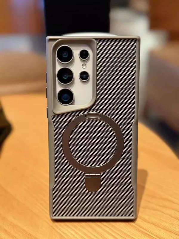 Compatible with New Carbon Fiber Texture  Phone Case for S25 Ultra/S24/S23/S22 With Invisible Kickstand Shockproof PC Hard Cover HNXMY-2