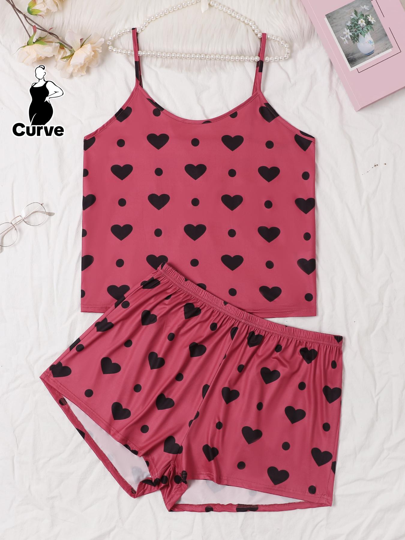 【Plus Size】 Heart Polka Dot Print Pyjama Set, Casual Spaghetti Strap Cami Top & Elastic Waist Shorts Pj Set, Women's Sleepwear & Loungewear