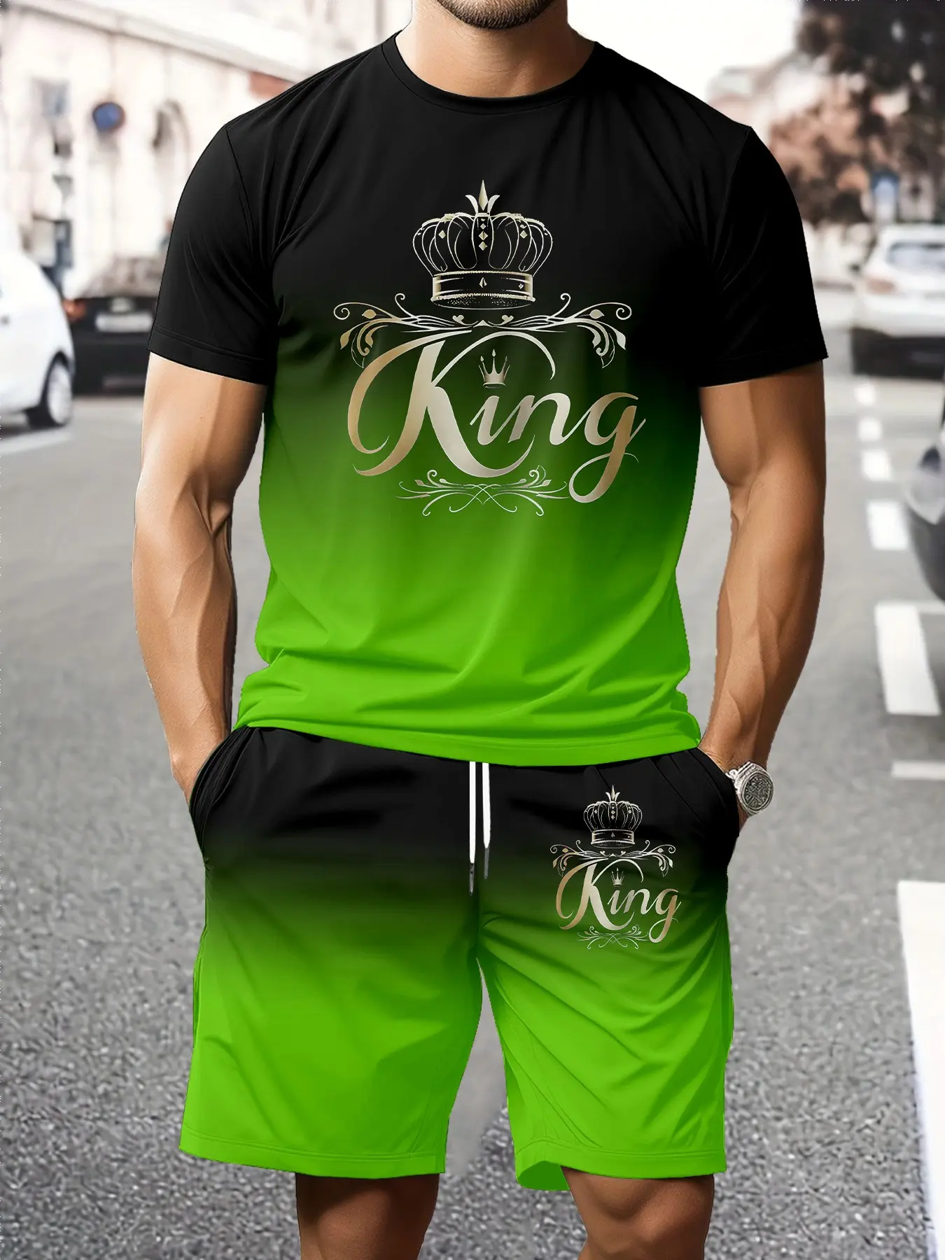 Men's Summer Two-Piece Set, King Pattern Digital Print, Round Neck Short Sleeve T-Shirt & Drawstring Pocket Shorts, Micro-Elastic Knit Fabric