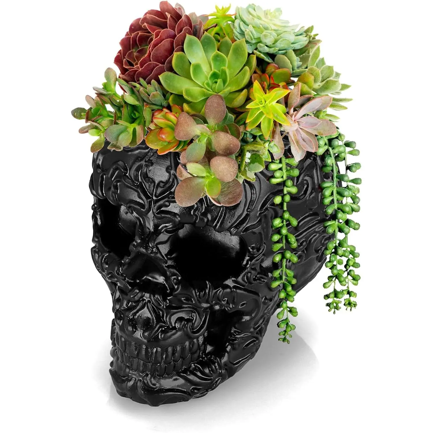 Resin Skull Planter for Indoor Plants, Black Skull Flower Succulent Pot with Drainage Holes, Halloween Skulls Head Planter Decorative Small Succulents Planters Pot for Tabletop
