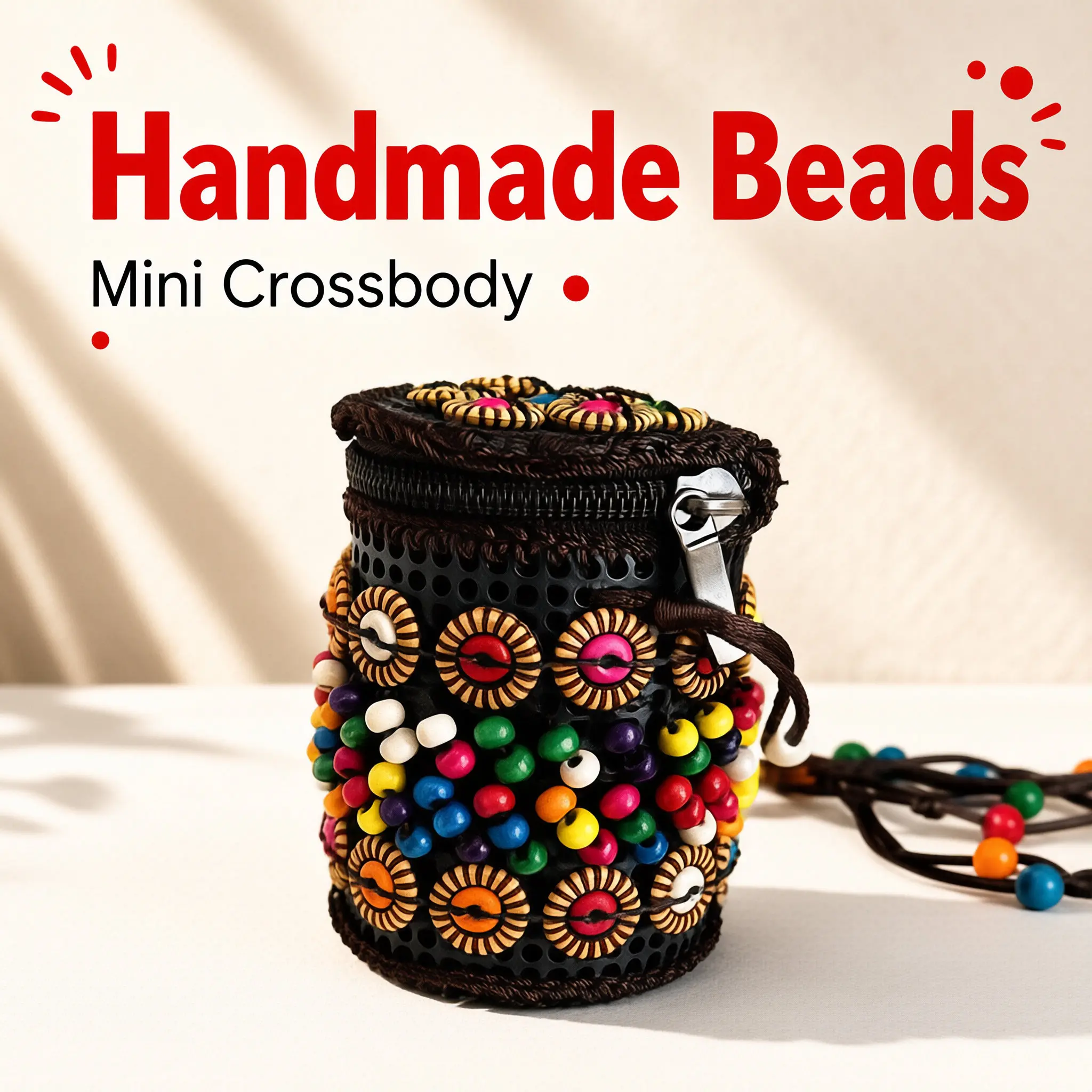 New 2026 women's Handmade Beaded Mini Crossbody Pouch, Colorful Wooden Bead Cylinder Coin Purse, Bohemian Woven Small Bag With Zipper, Vintage Ethnic Style Shoulder Bag For Lipstick Jewelry Daily Outdoor Use ,SohoChic