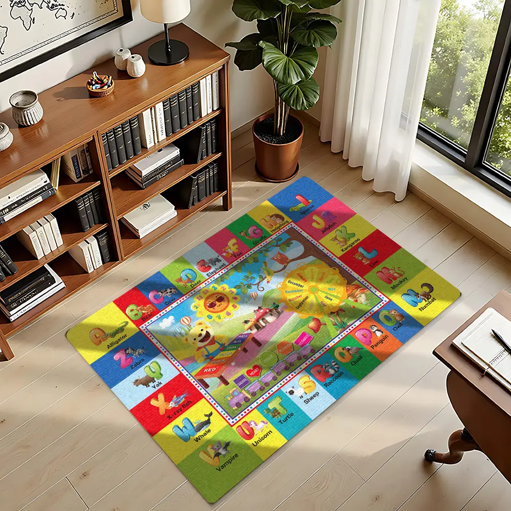Color‑Block Cartoon Bear Alphabet Kids Educational Flannel Rug #CartoonBearABCPlayRug #BrightColorAnimalLetterMat #FlannelCarpet #InfantPlayroomDecor