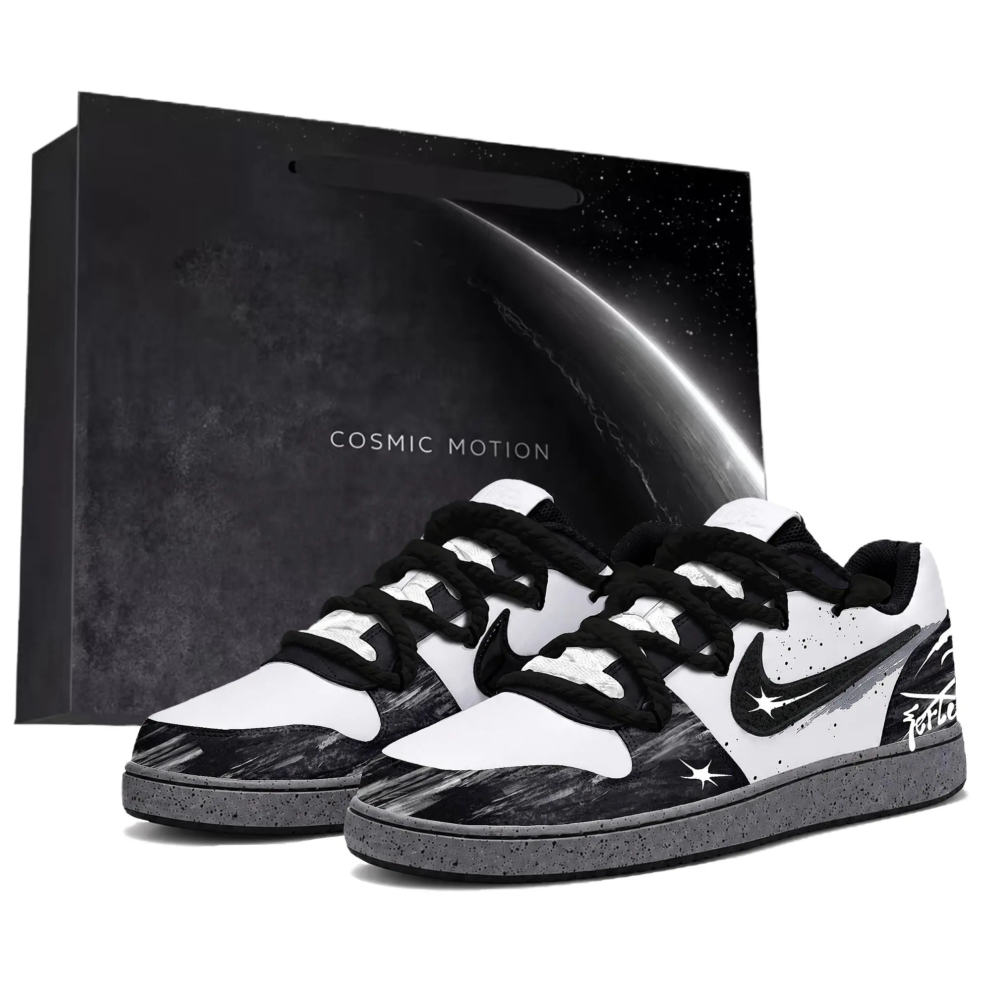 Nike Ebernon Custom Hand-Painted Sneakers for Men: Starry Oreo Design, Trendy, Lightweight, Non-Slip, Low-Top Casual Shoes Verifiable, with credentials and supporting global authentication