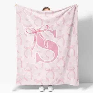 Coquette Pink Bow Monogram Throw Blanket – Personalized Initial Flannel Fleece, Soft Cozy Lightweight Bedding, Bedroom, Office, Custom Name Blanket for Teens, Women, Girls, Personalized Gift, Home Decor, Fluffy Nap Blanket