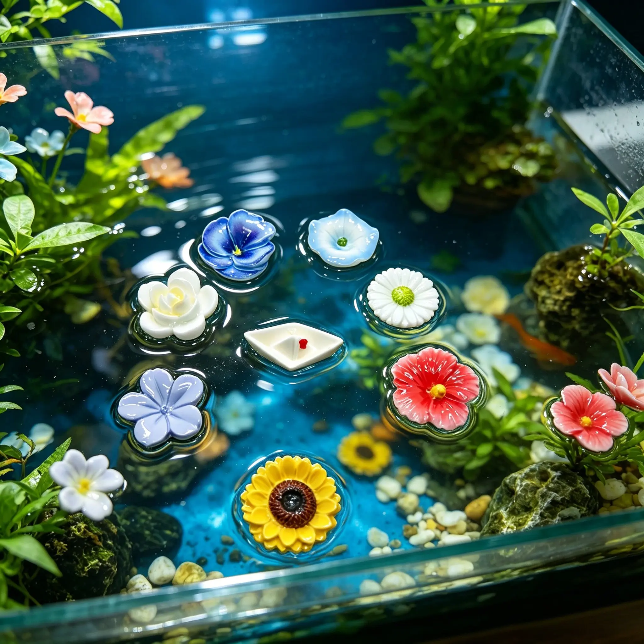 8/4pcs Resin Floating Flowers, Aquarium Decor, Paper Boat Design, Creative Water Surface Decoration, Fish Tank Landscape Ornament