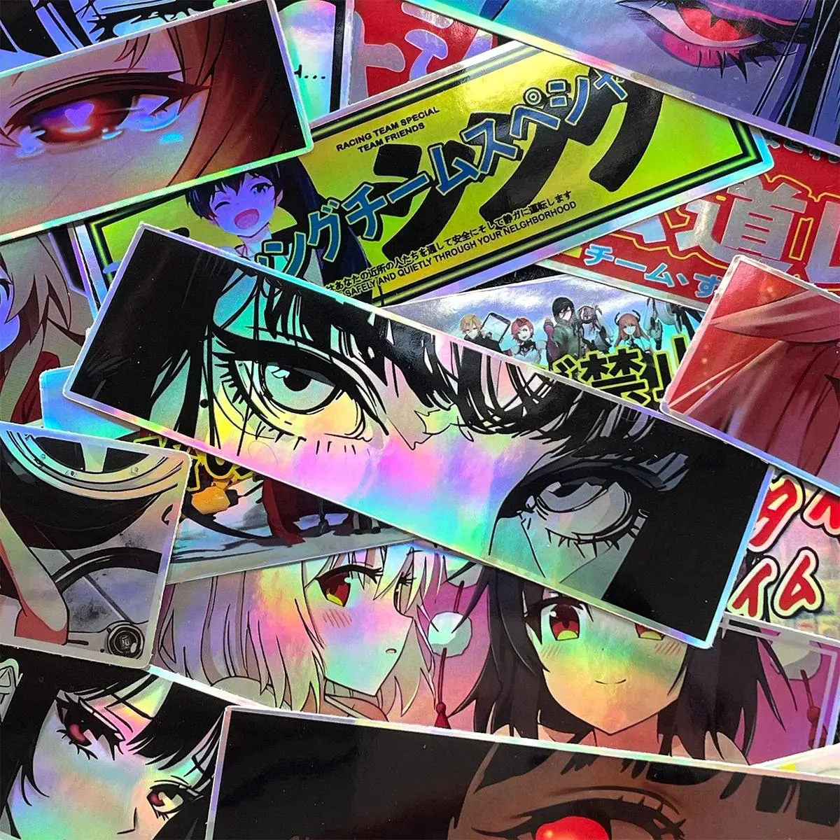 32PCS JDM Anime Girl Laser Rainbow Stickers Moto Bike Scooter Auto Body Fuel Tank Helmet Vinyl Motorcycle Stickers