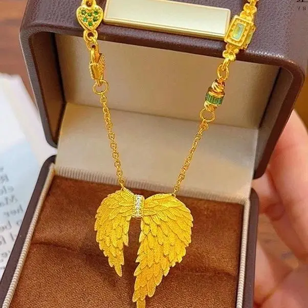 Women's 24K Gold (AU999) Diamond Inlaid Angel Wings Necklace | Faceted Wings, Filigree Feather Border with Rose Quartz Accents