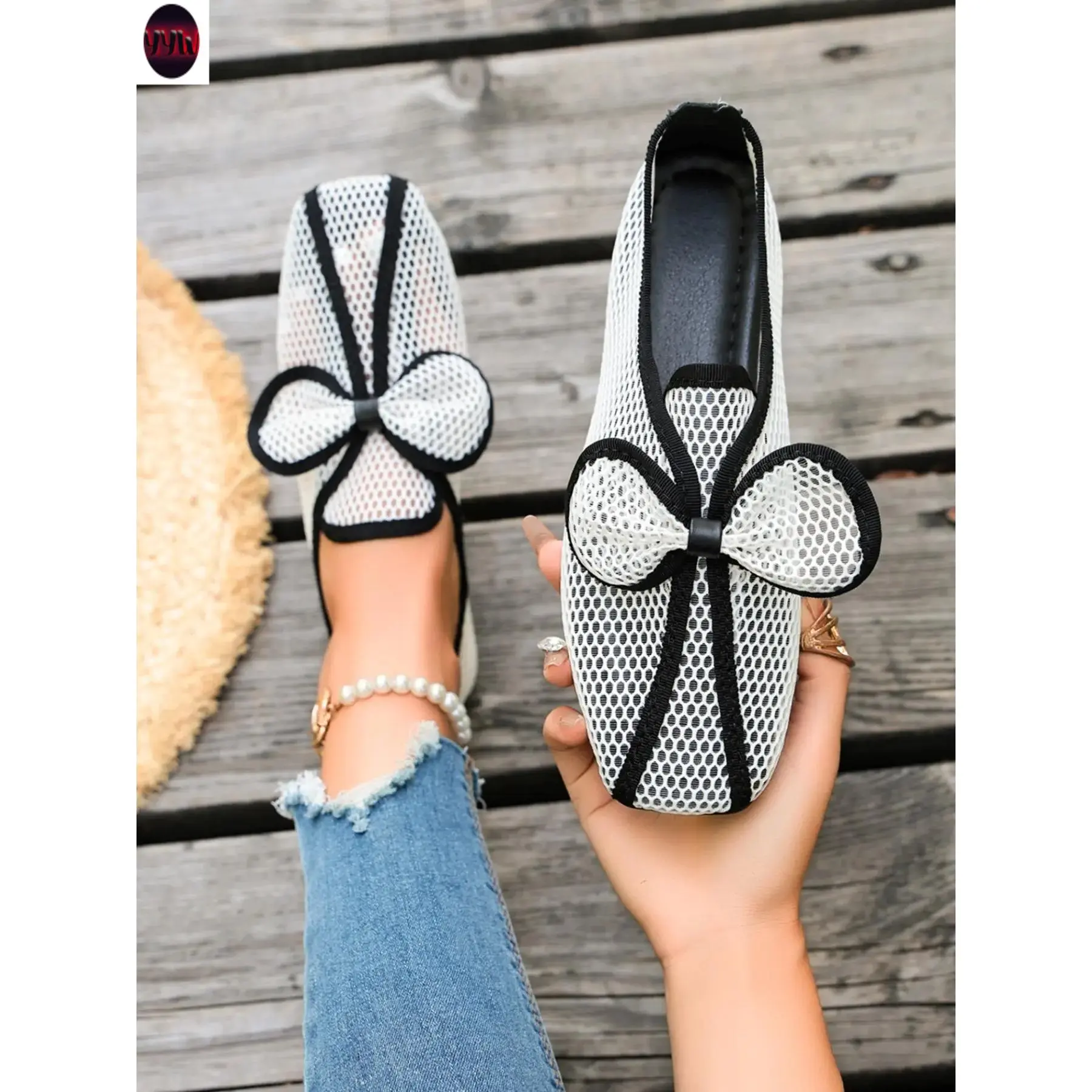 YYW1 One-Step-On Flat Sandals, Mesh Bow, Breathable Cut-Out Design, Color Block Decoration, Soft Anti-Sole, Casual Daily Wear Shoes