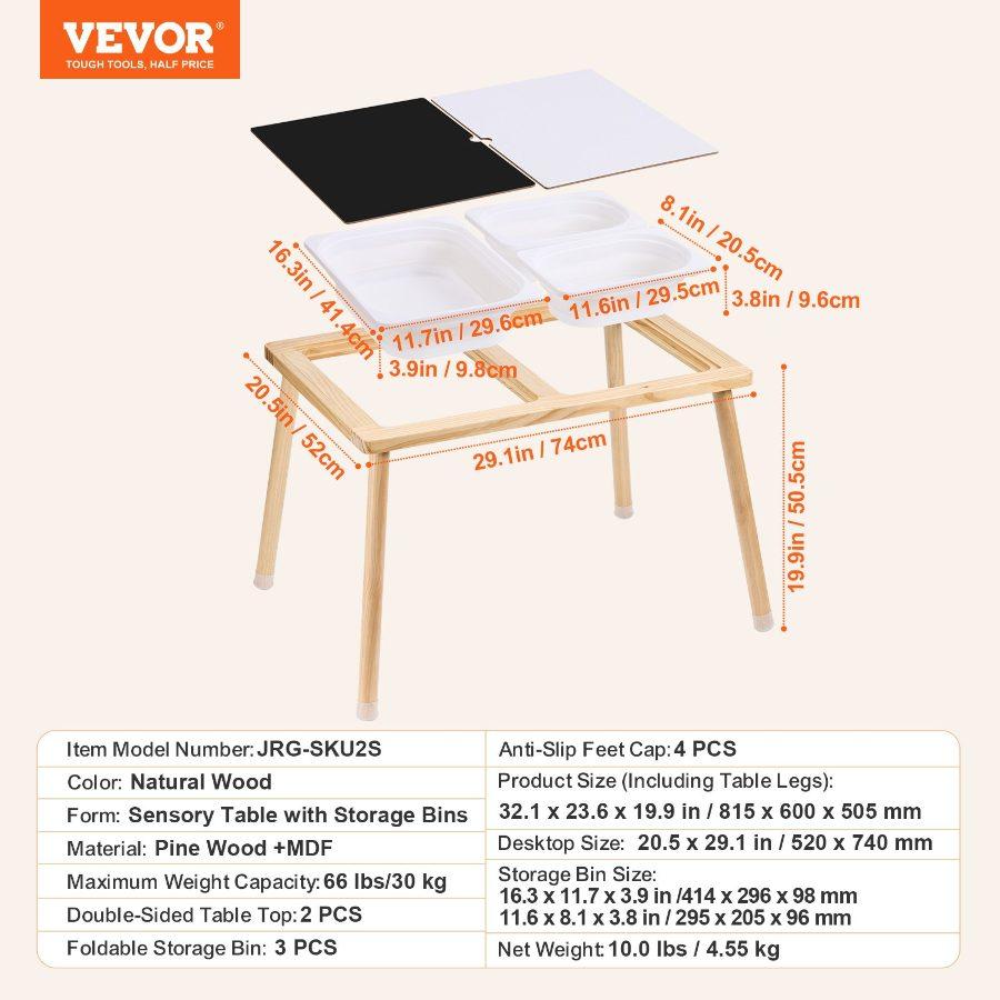 VEVOR Sensory Table for Toddlers, Kids Activity Table with 3 Foldable Storage Bins Double-Sided Board, Indoor/Outdoor Play Sand and Water Table, Wooden Kids Sensory Table for Drawing Studying Dining