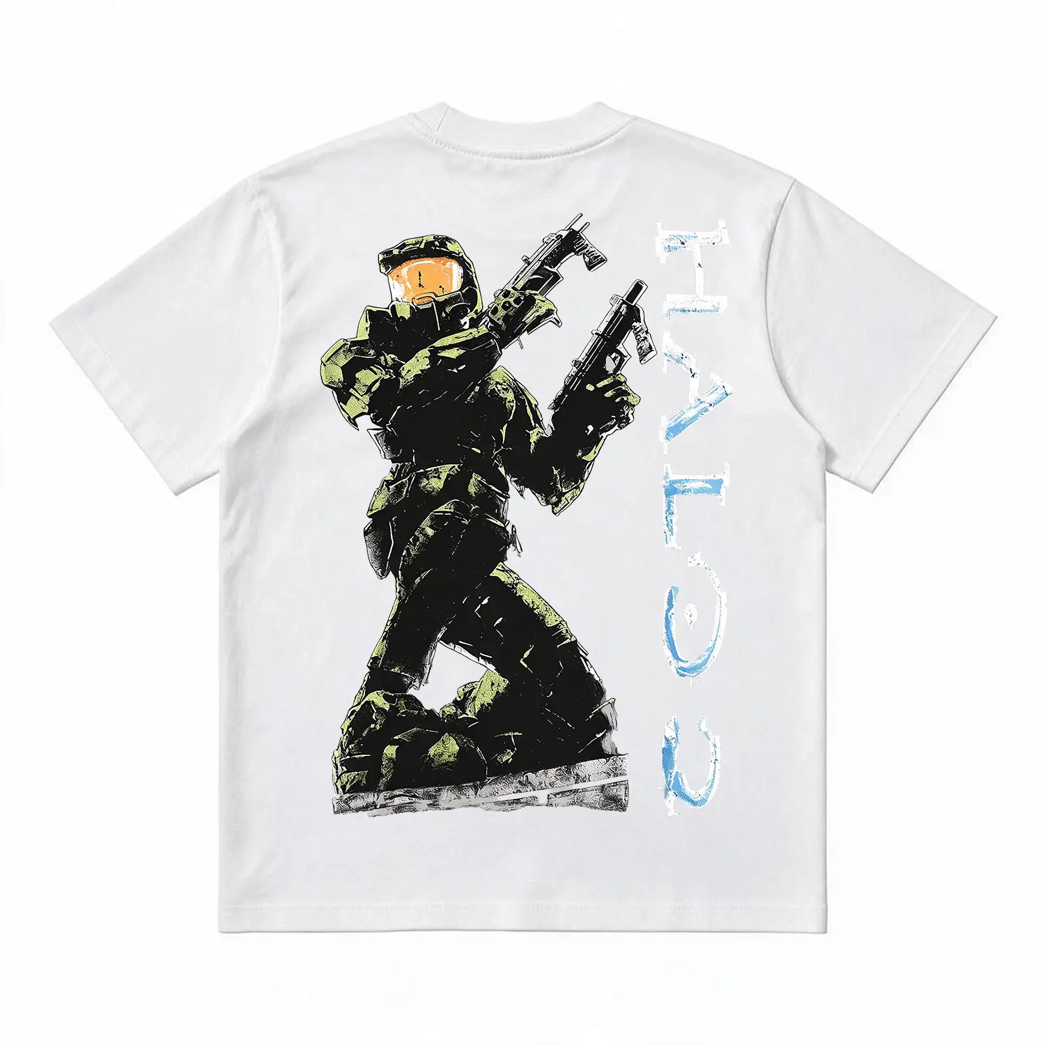 Heavyweight Cotton Oversized Crew Neck Short Sleeve Back Print T Shirt, Halo 2 Kneeling Master Chief Dual Weapon Distressed Vintage Spartan Armor Vertical Text Retro Xbox Sci-Fi Video Game Nostalgic Graphic Tee, Unisex Gamer Top For 2000s Y2K Retro Xbox S