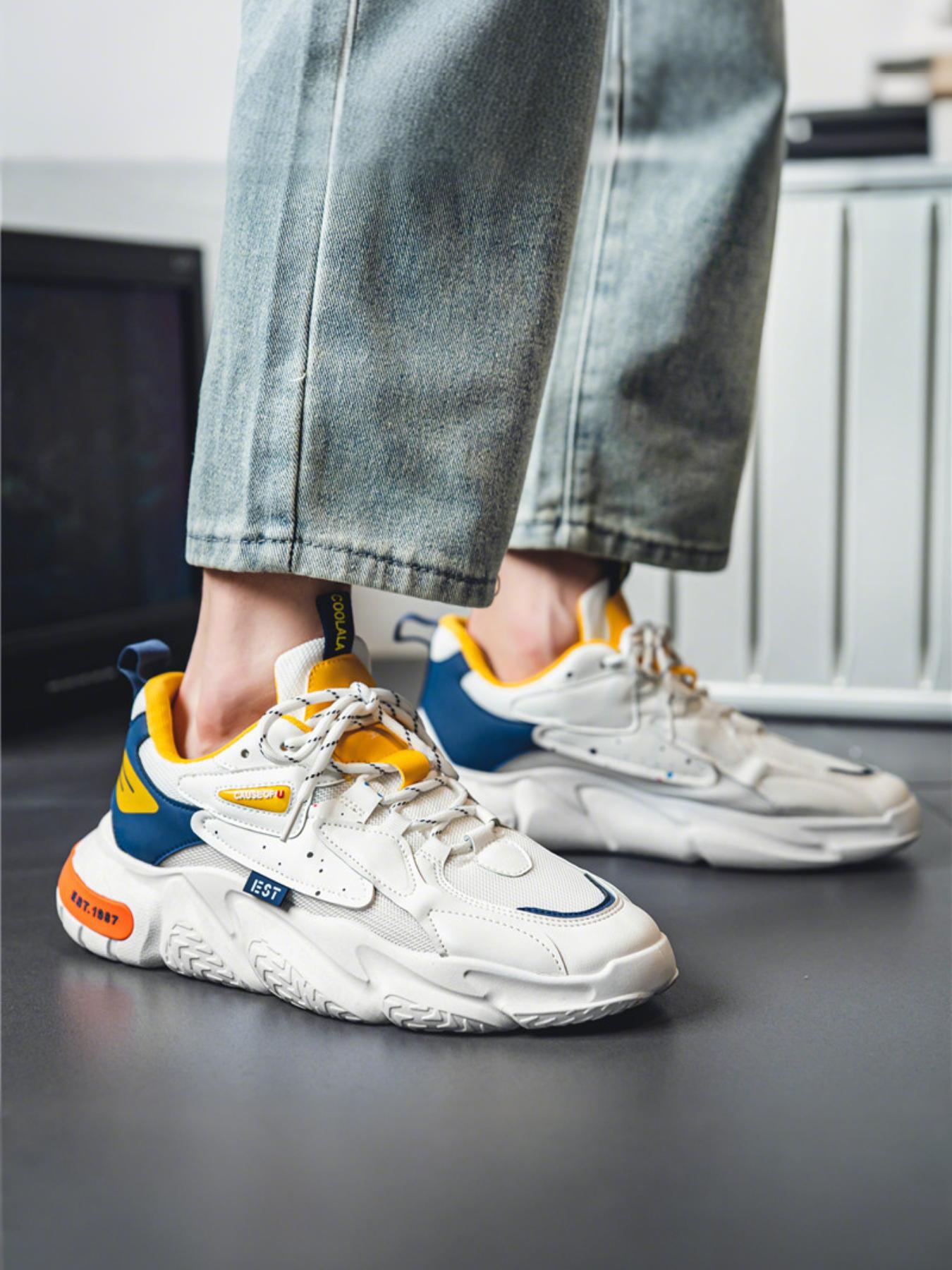 Men's Letter& Number Patched Design Lace Up Running Shoes, Casual Breathable Comfortable Sports Shoes, Male All-match Round Toe Chunky Sneakers for Daily Life, Athletic Running Shoes