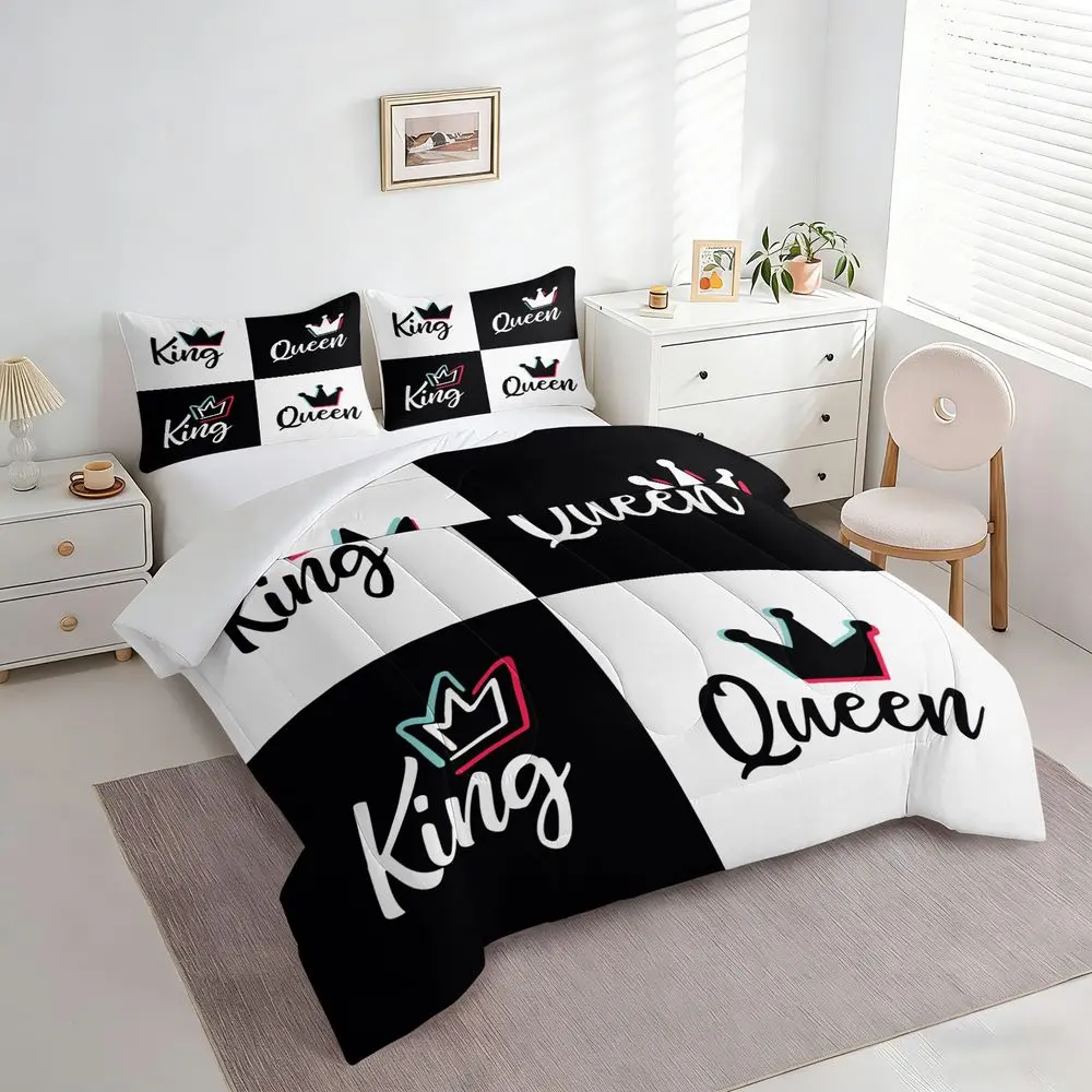2/3Pcs King and Queen Crown Print Bedding Set, Soft Microfiber Comforter Set for Couples, Romantic Quilt Bedspread with Pillowcase, Modern Minimalist Bedroom Decor No Pillow Core