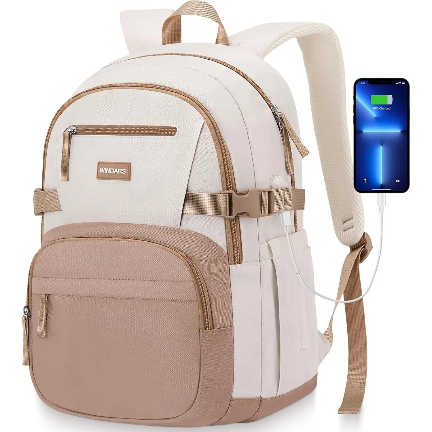 Backpack for School Girls, Cute High School Backpacks for Teens Women Student Large Bookbag 15.6 Inch Laptop Bag with USB Charger Port for College Work Travel Trip (Khaki Beige)Gift