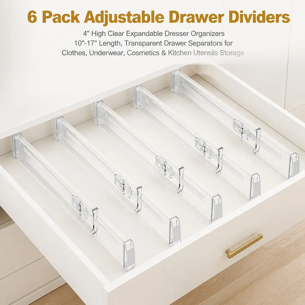 Littleox 6 Pack Adjustable Drawer Dividers Clear Expandable Dresser Organizers Transparent Drawer Separators for Clothes Underwear Cosmetics Kitchen