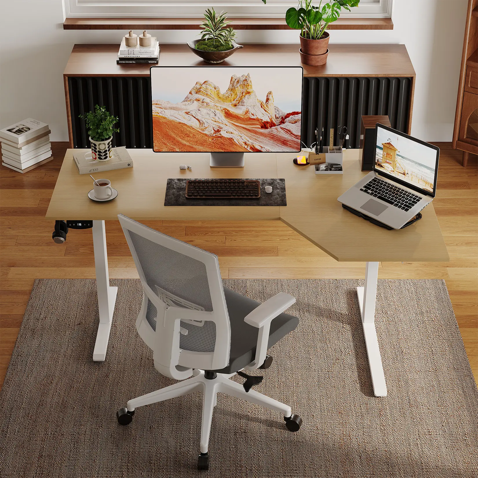 59 x 35 Inch L Shaped Electric Standing Desk ONLY TABLE, Height Adjustable Ergonomic Executive Computer Workstation, Perch Stand Style with Sturdy Steel Frame, US Standard