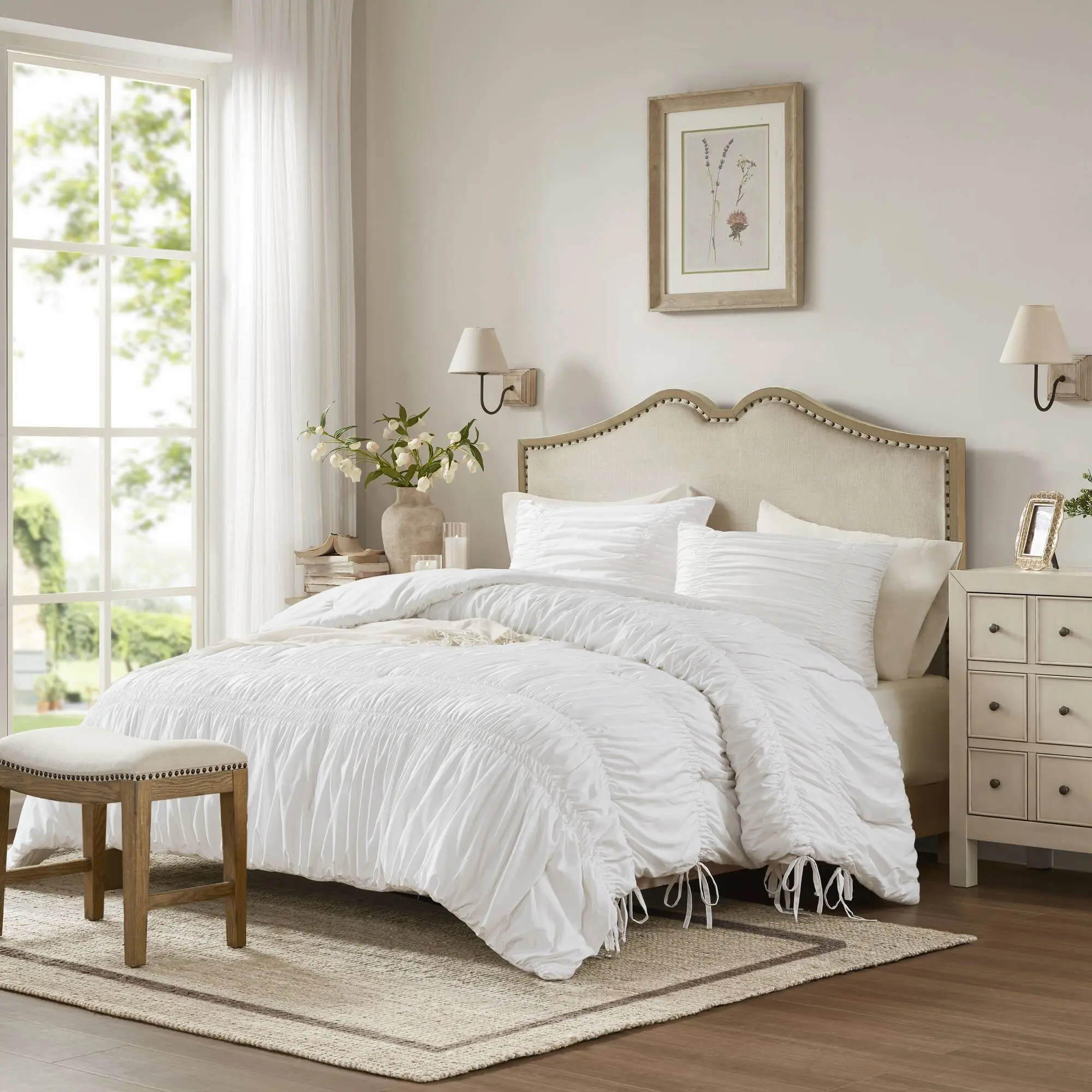 Nokaa 3-Piece King Comforter Set – French Country Ruched Design, Soft Brushed Microfiber, All-Season Lightweight Bedding with Bow Tie Details, White