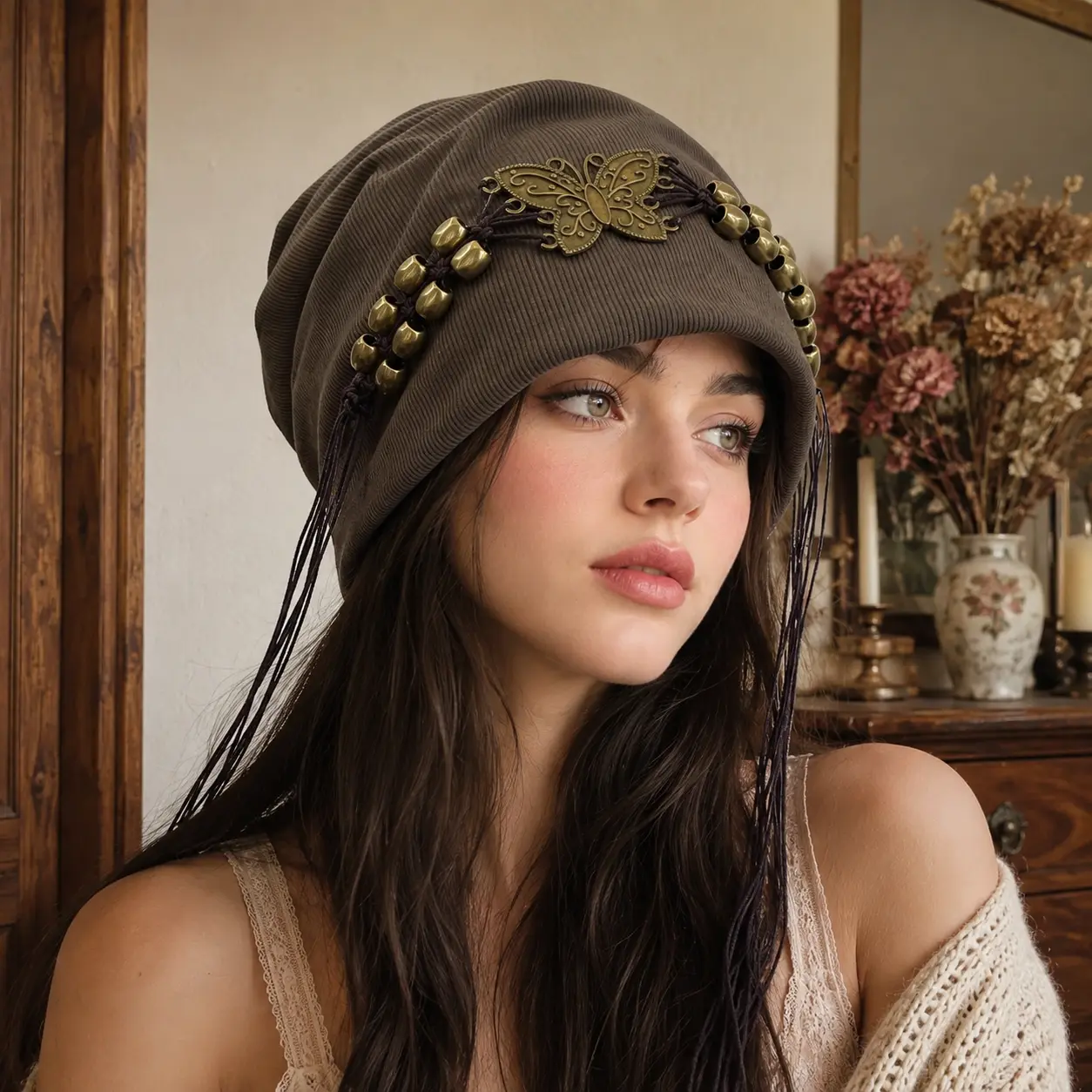 Women’s Vintage Butterfly Slouchy Beanie Hat, Boho Knit Hat with Beaded Tassel Details, Y2K Aesthetic Fashion Accessory for Everyday Outfits