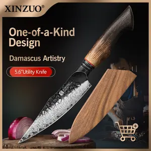 XINZUO Mo Series 5.5-Inch Damascus Steel Utility Knife: 67 Layers of Super Steel Blade, 60±2 HRC Core Hardness, 15°±1 Edge per Side, White Oak + Red G10 Handle, Exceptionally Sharp & Durable, with Exquisitely Designed Gift Box