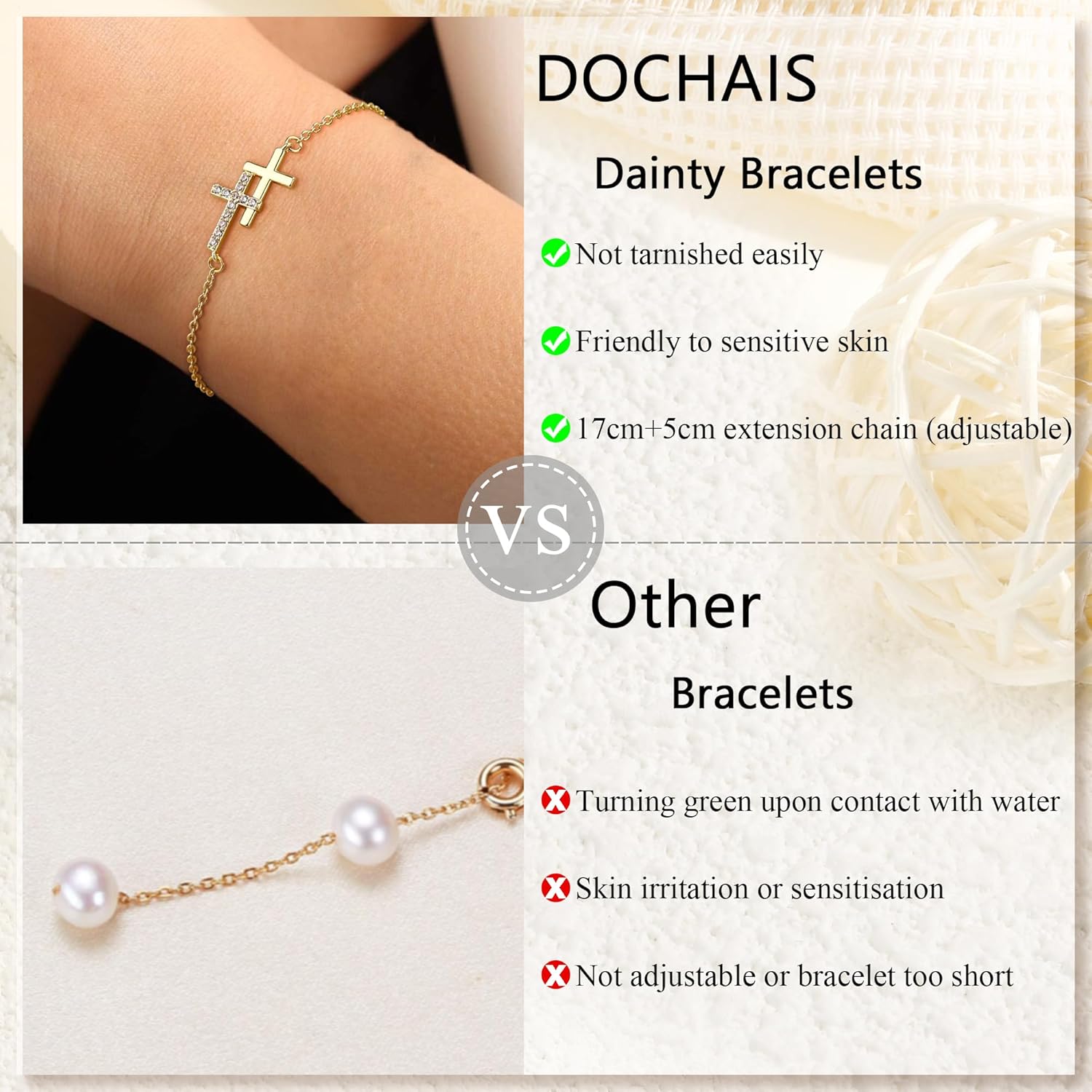 CASSIECA Gold Plated Cross Bracelets for Women 14K Gold Plated Bracelet Cross Tennis Bracelet Stacking Adjustable Cubic Zirconia Chain Bracelets for Women Jewellery Gifts