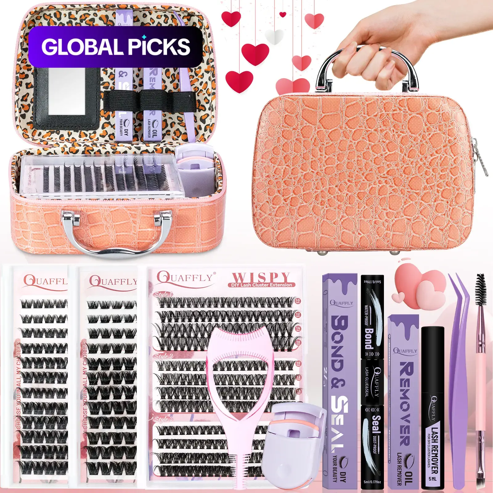 Mixed-Style Natural Curling Wispy Volume False Eyelash Extension Kit, 1 Set DIY Lash Makeup Tool Kit with Eyelash Curler, Bond Glue, Lash Clusters, Eyelash Separator Tool & Accessories, DIY Lash Tools