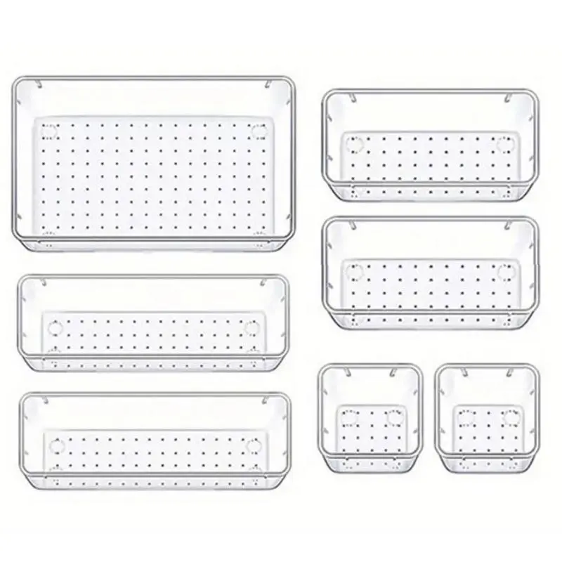 7-Piece Transparent Plastic Drawer Divider Set, 4 Sizes, Ideal for Bathroom, Makeup Vanity, Kitchen, Office Storage Solutions