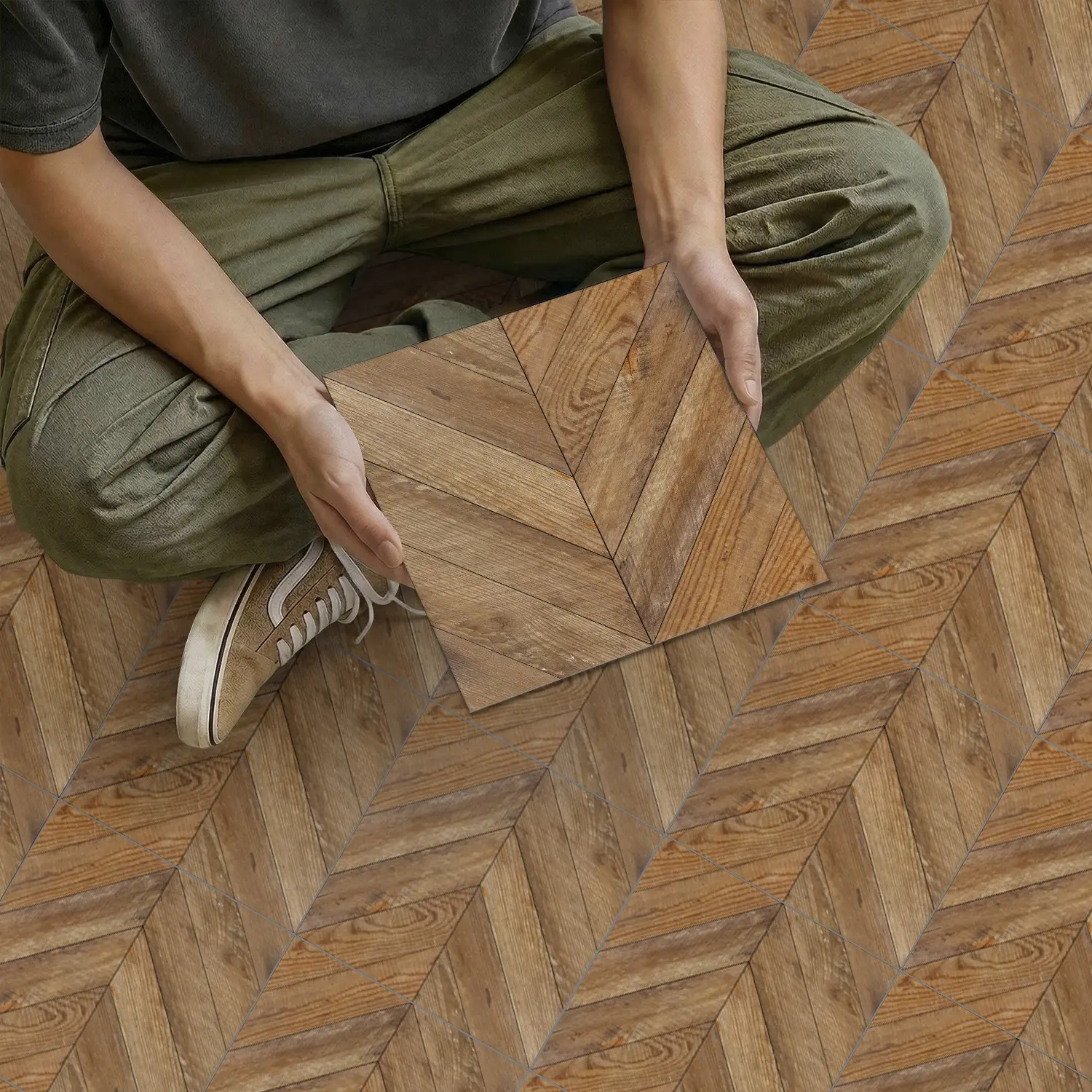 12pcs Herringbone Wood Floor Stickers,  Peel and Stick Vinyl Floor Tiles, Waterproof Anti-Slip Wood Grain Floor Decals for Kitchen Bathroom Living Room, 20cmx20cm, 30cmx30cm Non Slip Flooring