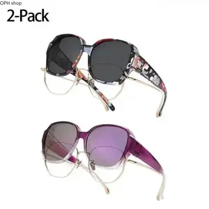 Unisex 2-Pack Oversized Polarized Fit-Over Sunglasses, UV400 Anti-Glare Wear-Over Prescription Glasses, Geometric Angular Frame for Driving, Outdoor Use