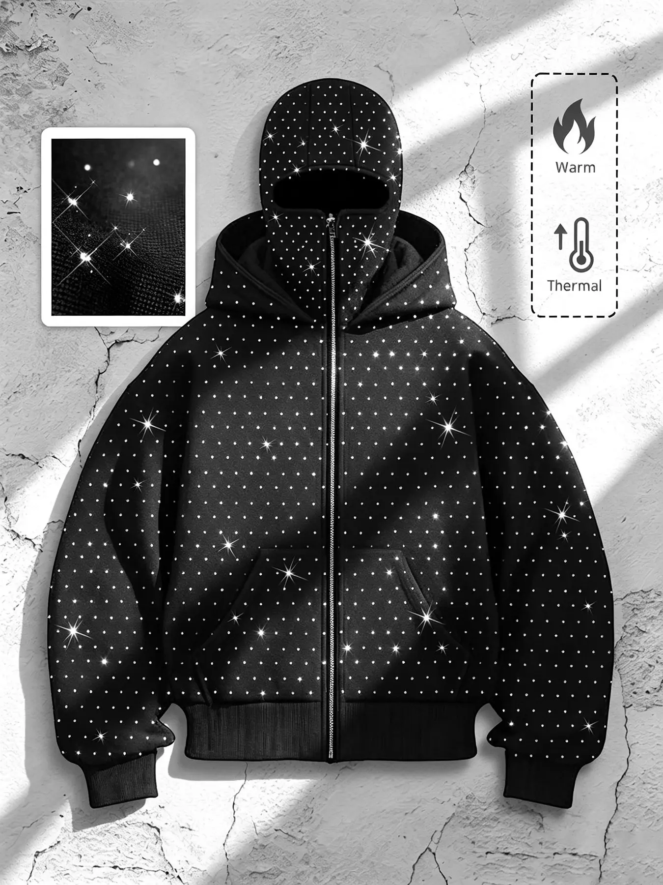 American Style Star Rhinestone Face Mask Balaclava Hooded Jacket, Long Sleeve Loose Fit Graphic Top, Fall & Winter Warm Outerwear