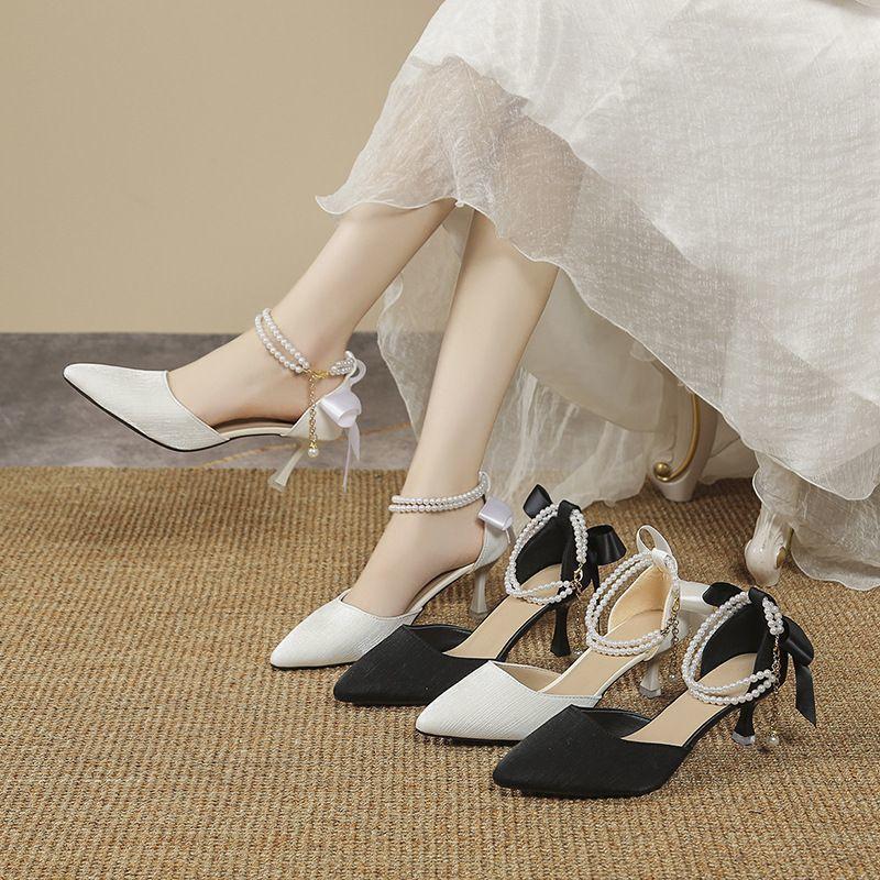 French Style Pearl Sandals Pointed Toe Thin Heel Summer Slimming Fairy Style Women High Heels