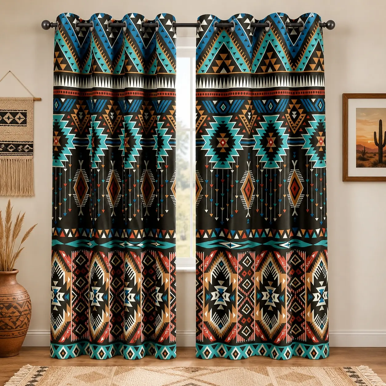 Boho Indoor Block-Out Polyester Curtains Single Set - Indian Mandala Print Teal Ethnic Floral Stripe Vintage Drapes, Durable Dustproof Fading-Resistant Machine-Washable for Bedroom/Living Room Decor