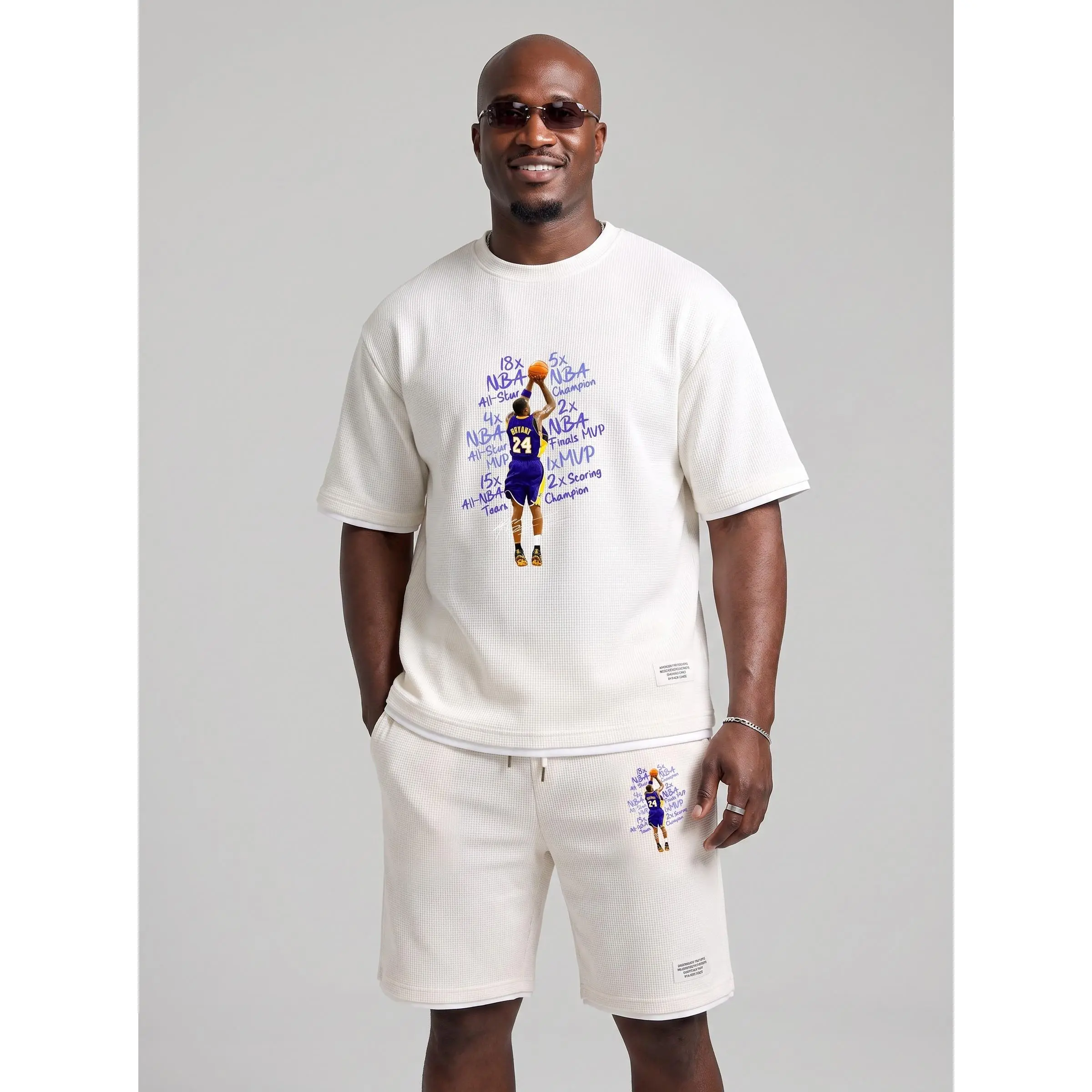 KZZ Men's 2-Piece Waffle-Knit Sportswear Set - Breathable Crew Neck Short-Sleeve Basketball Print T-Shirt, Elastic Drawstring Plain Secure Fit Casual Clothes for Summer Streetwear