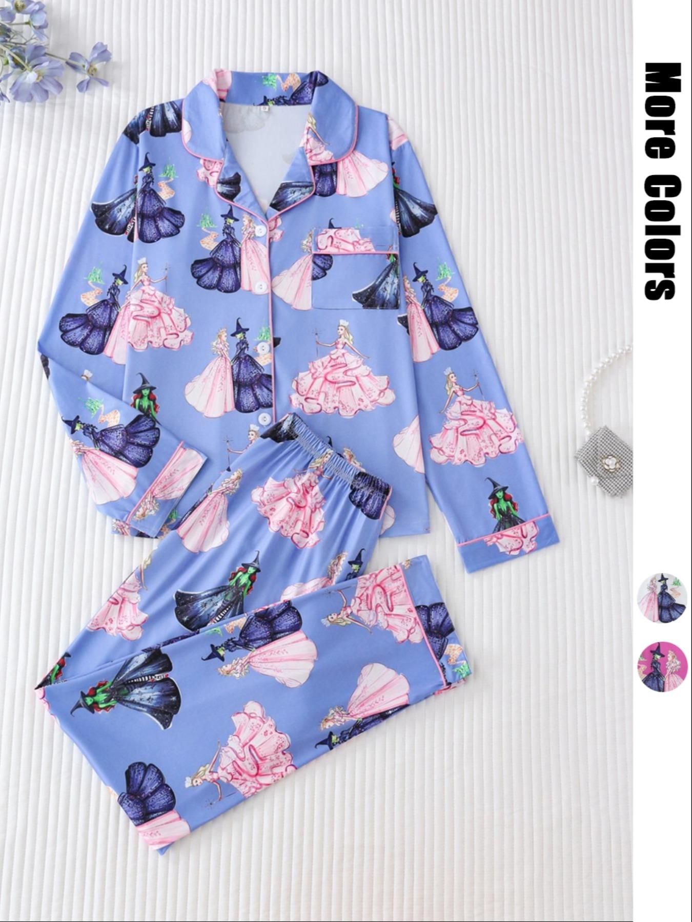 Women's Cartoon Print Pajama Set, Long Sleeve Button Front Top & Loose Fit Pants, Casual Spring & Fall Sleepwear Loungewear