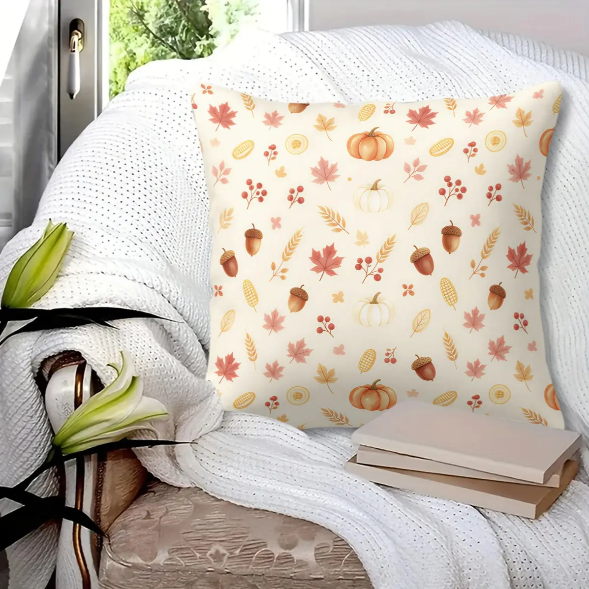 45x45cm1Pc Watercolor Harvest Throw Pillow, Maple Wheat Berry Pumpkin Vine Print, Fall Living Room Soft Decor Cushion With Insert