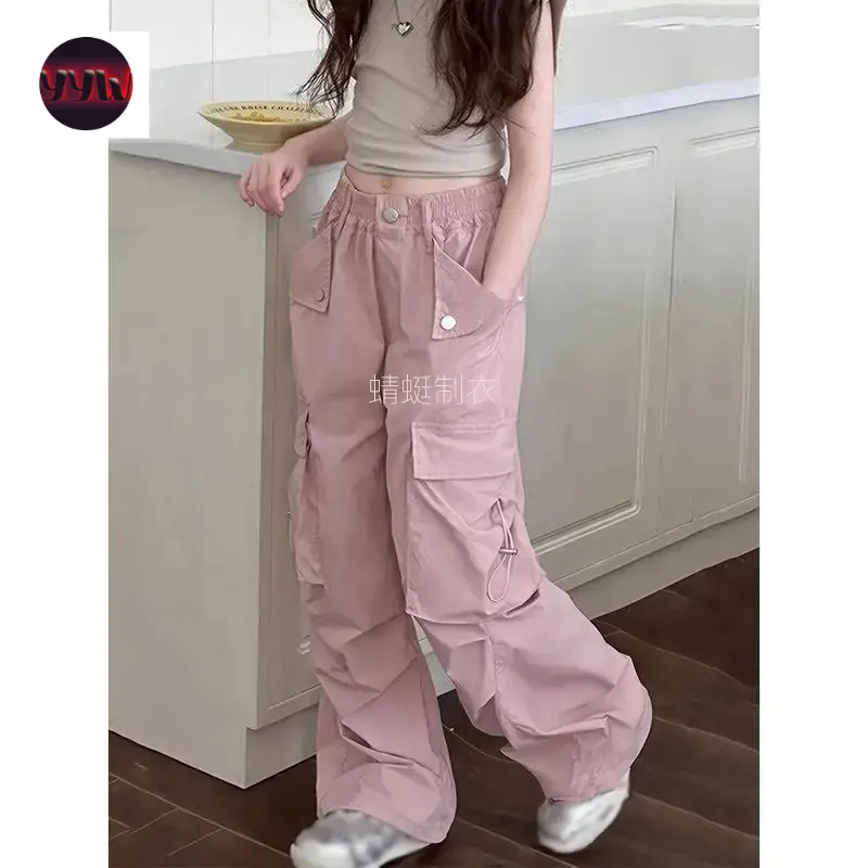 YYW1 NewNewGirls Y2K Streetwear Cargo Pants - Wide Leg Loose Fit Elastic Waist with Multiple Pockets, Durable Polyester Machine-Washable Casual Pants Kids 6-16 Years (/Fall), Pants Girls, Everyday Kids Clothing, Nonstretch, Fall Outfit, L