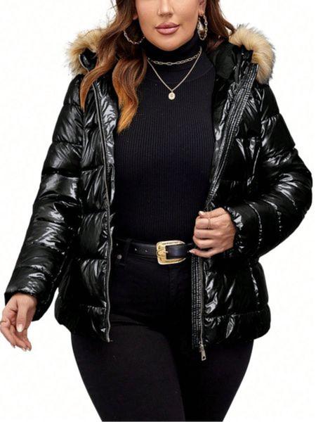 Women's Plus Size Hooded Puffer Jacket, Warm Street Style Coat with Faux Fur Collar, Hidden Zipper, Pockets, Fall & Winter Fashion