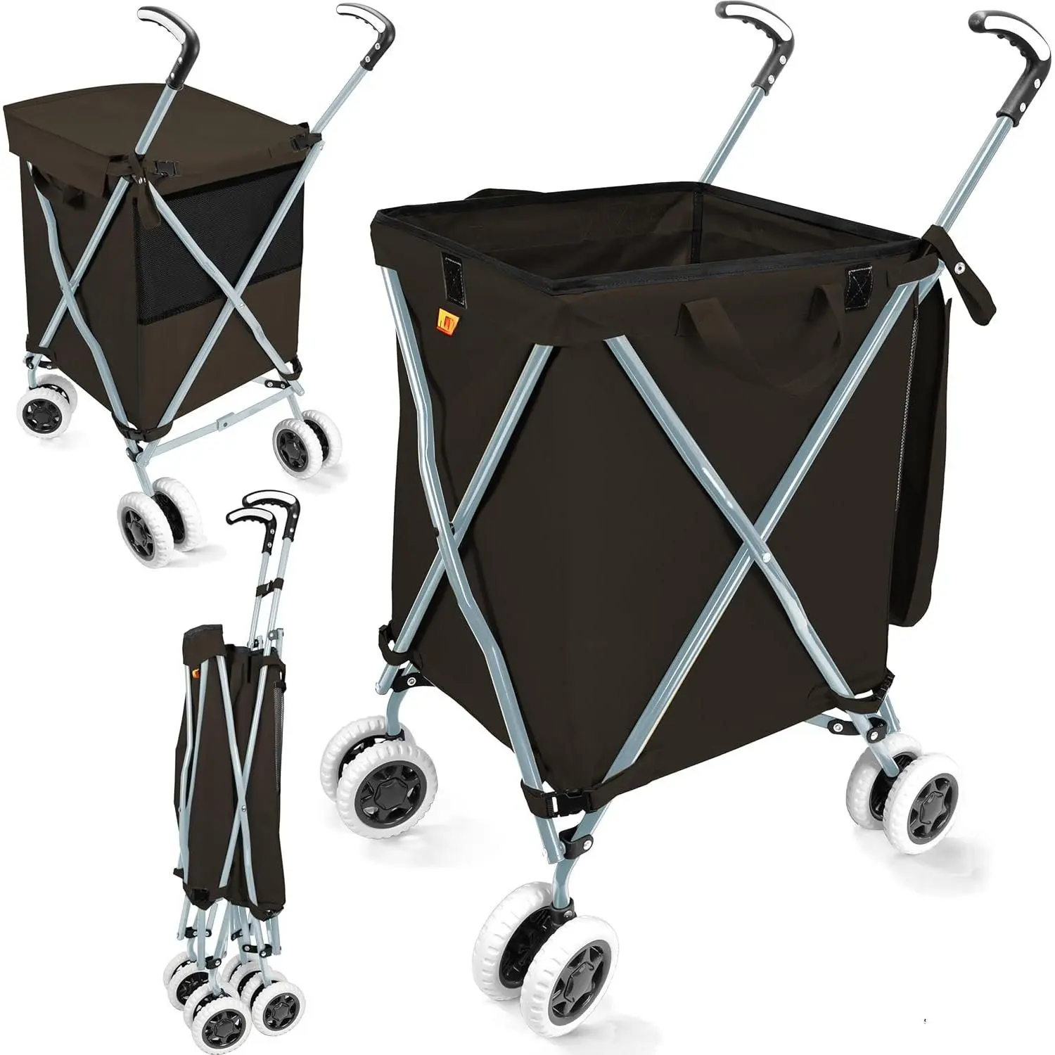 Folding Shopping Cart with Canvas Bag & Cover, Holds 120 lb, Black | 360 Swivel Wheels, Lightweight Foldable Utility Cart, 24 Gallon Capacity, for Groceries, Laundry & Seniors, Rolling Cart