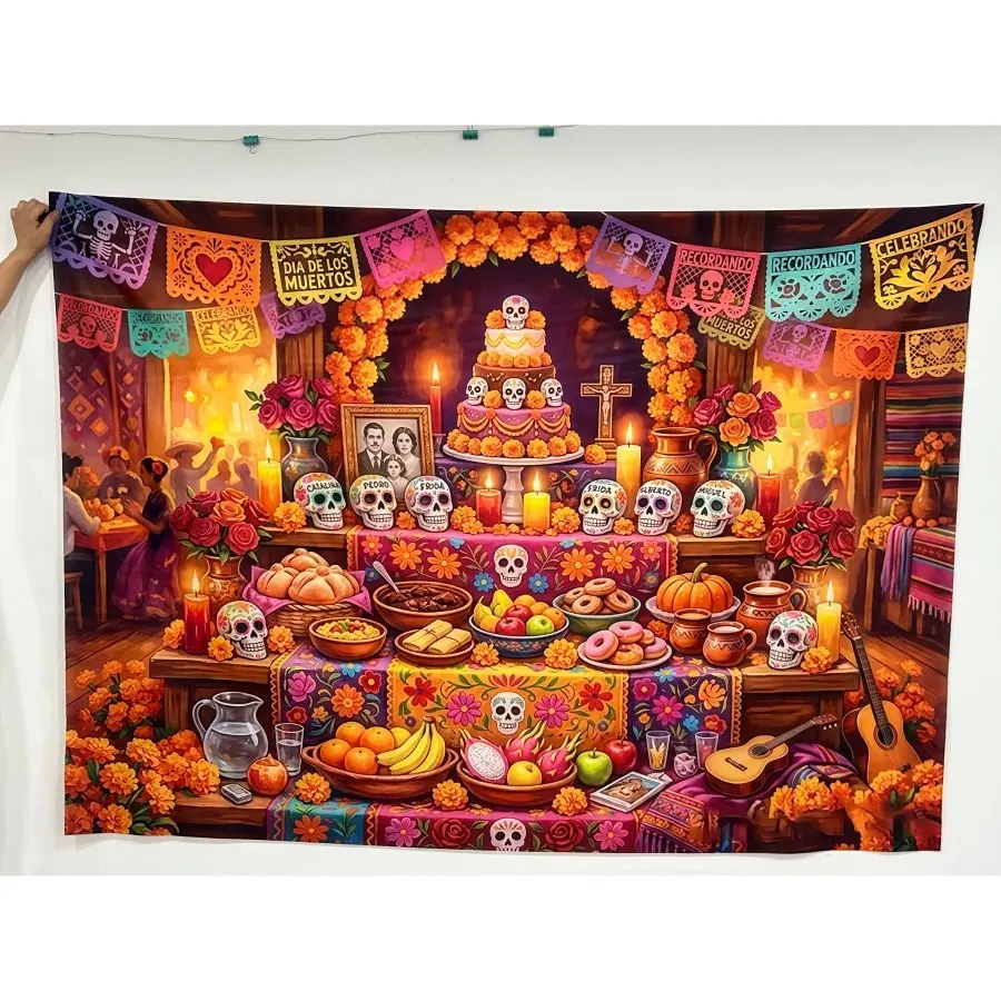 1 piece, Día de los Muertos Altar Marigold Paper Skeleton Background Banner, Polyester Material, Suitable for Party Background Decoration, Indoor/Outdoor/Backyard Garden Decor, Room Decor, Halloween Decor, Home Decor, Halloween Accessories, Bedroom Decor