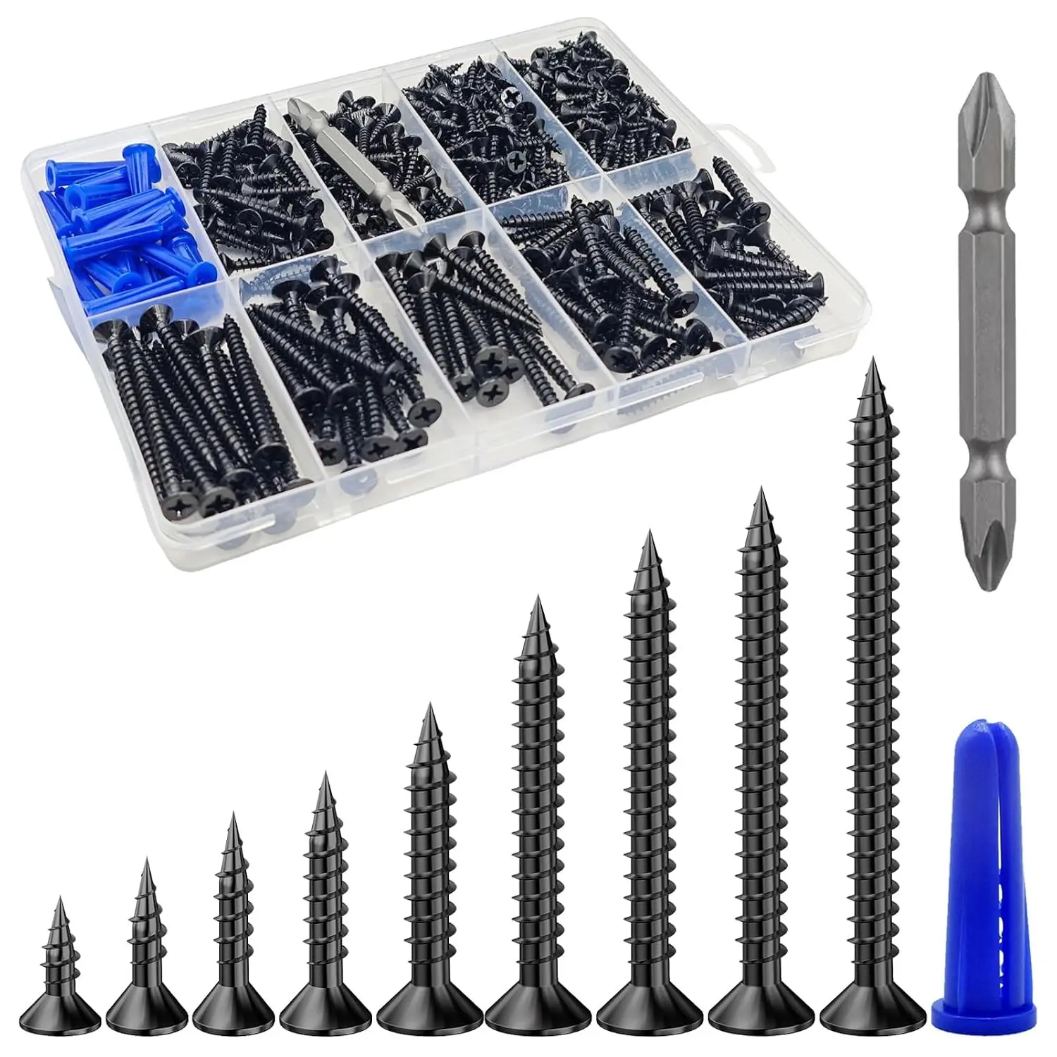 385PCS Flat Head Black Wood Screws, Self-Tapping Screws with Drywall Plastic Anchor KitGift