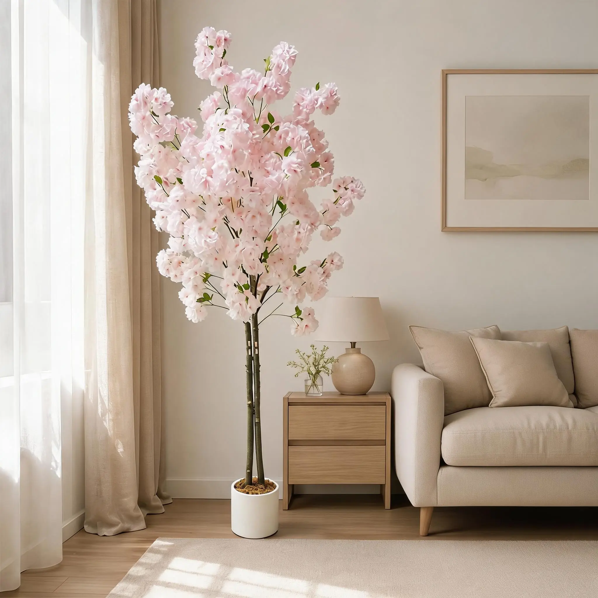 Artificial Cherry Blossom Tree 5FT 6FT Light Pink Double Trunk Silk Plant for Home Office Wedding Party Decoration Lifelike Potted Tree