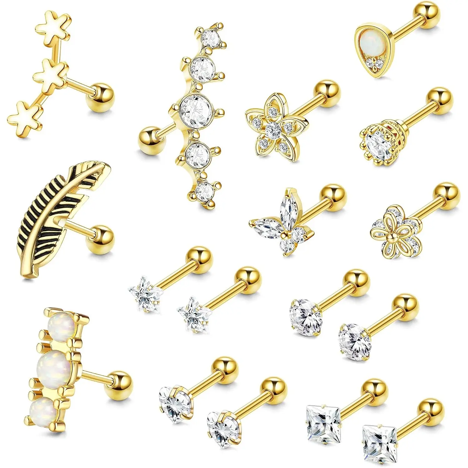 Women's Hypoallergenic 16G Stainless Steel Cartilage Earring Studs Set - 6mm Artificial Zircon, Opal, Flower, Butterfly, Feather, Teardrop Designs, Hypoallergenic SS, Unisex Wear, Vertical Helix, Conch Piercing Body Jewelry, Comfortable Daily Use