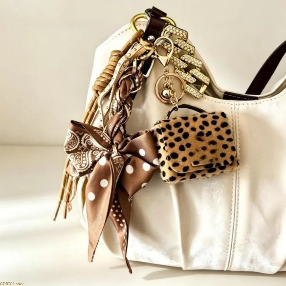 Brown Leopard Mini Bag Keychain Charm, Polka Dot Paisley Silk Bow & Rhinestone Decor, Coffee Tone Bag Pendant Accessory, Cute Fashion Gift for Women