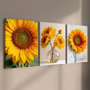 3-Count Wooden Framed Canvas Warm Sunflower Floral Print Decor Poster, Beautiful Modern Art for Living Room & Bedroom, Waterproof Wall Art, Modern Art Design, Artwork