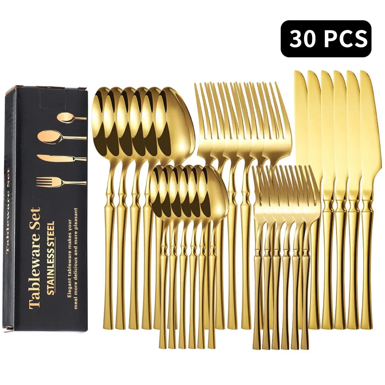 Gold Stainless Steel Cutlery Set - 30-Piece, Glossy Mirror Finish, Knives, Forks, Spoons, Teaspoons, BPA-Free, Dishwasher Safe, Formal/Casual Kitchen Supplies for 6-10 Adults