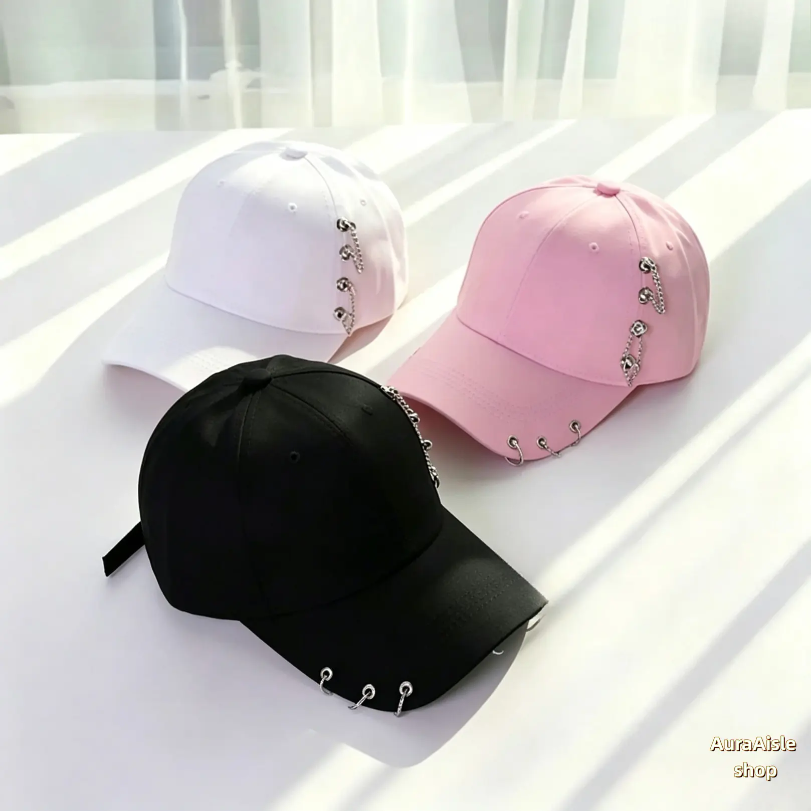 Unisex Adjustable Hip Hop Baseball Cap - Lightweight, Breathable Fabric, Metal Rivets, Chain & Ring Decor, Solid Color Casual Wear Dad Hat for Street Style, Outdoor Travel