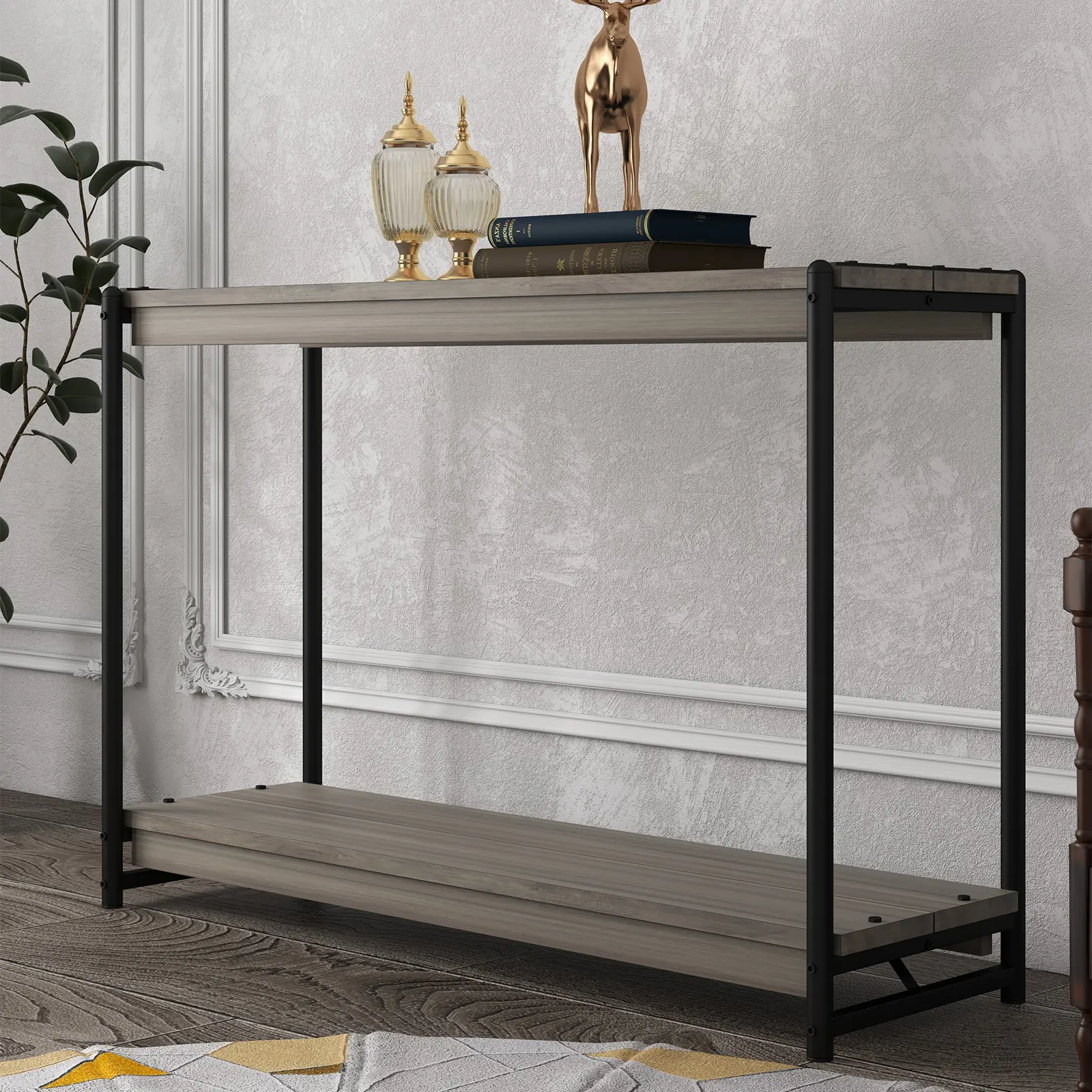 Farmhouse 2-Tier Slatted Console Table with Open Storage Shelf, Multi-purpose Sofa Side Table for Entryway, Foyer, Hallway & Living Room, Simple Quick Assembly