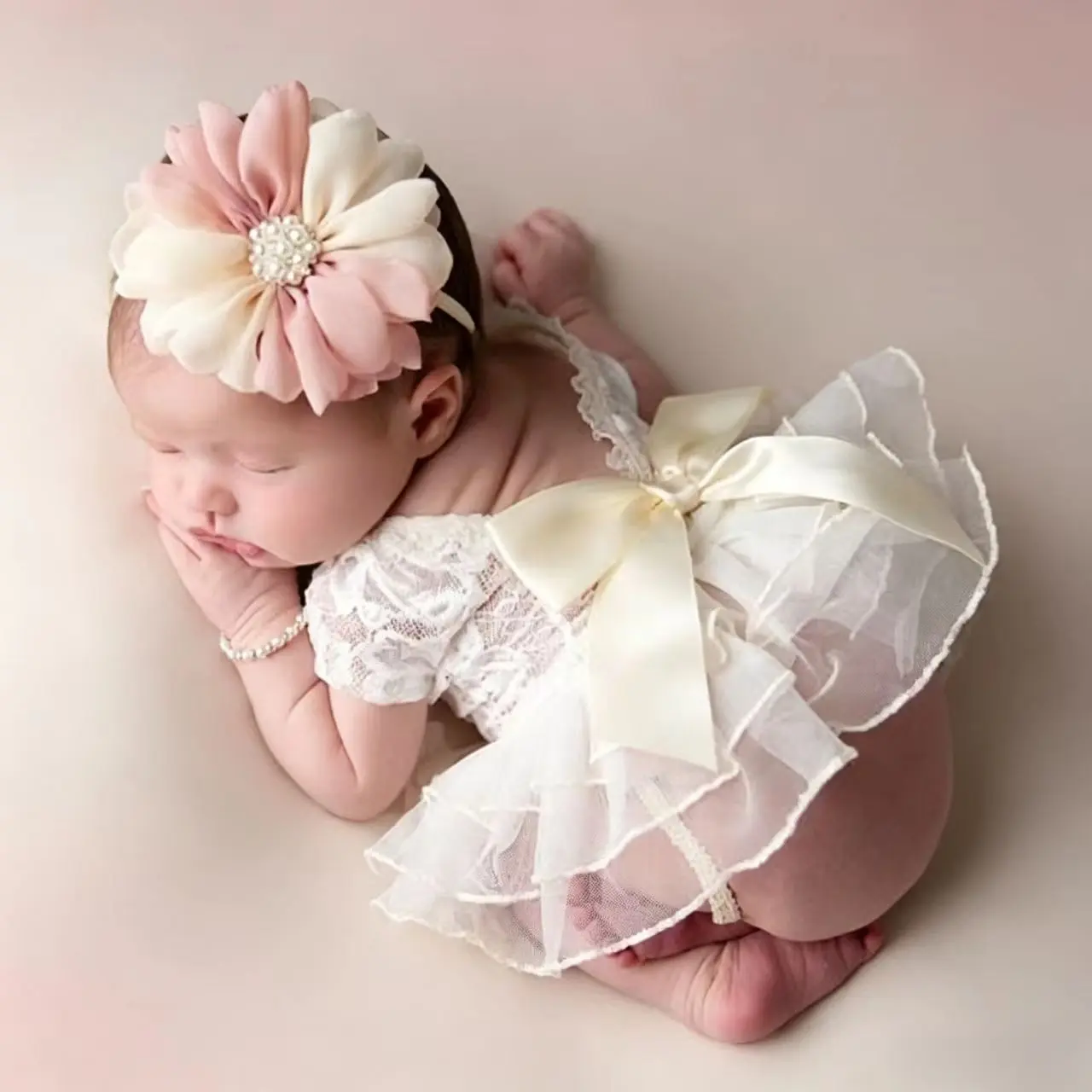 Baby Girls' 1-Piece Polyester Elegant Lace Jumpsuit & Floral Headband Set - Long-Sleeve Snug-Fit Romper, Newborn Photography Prop