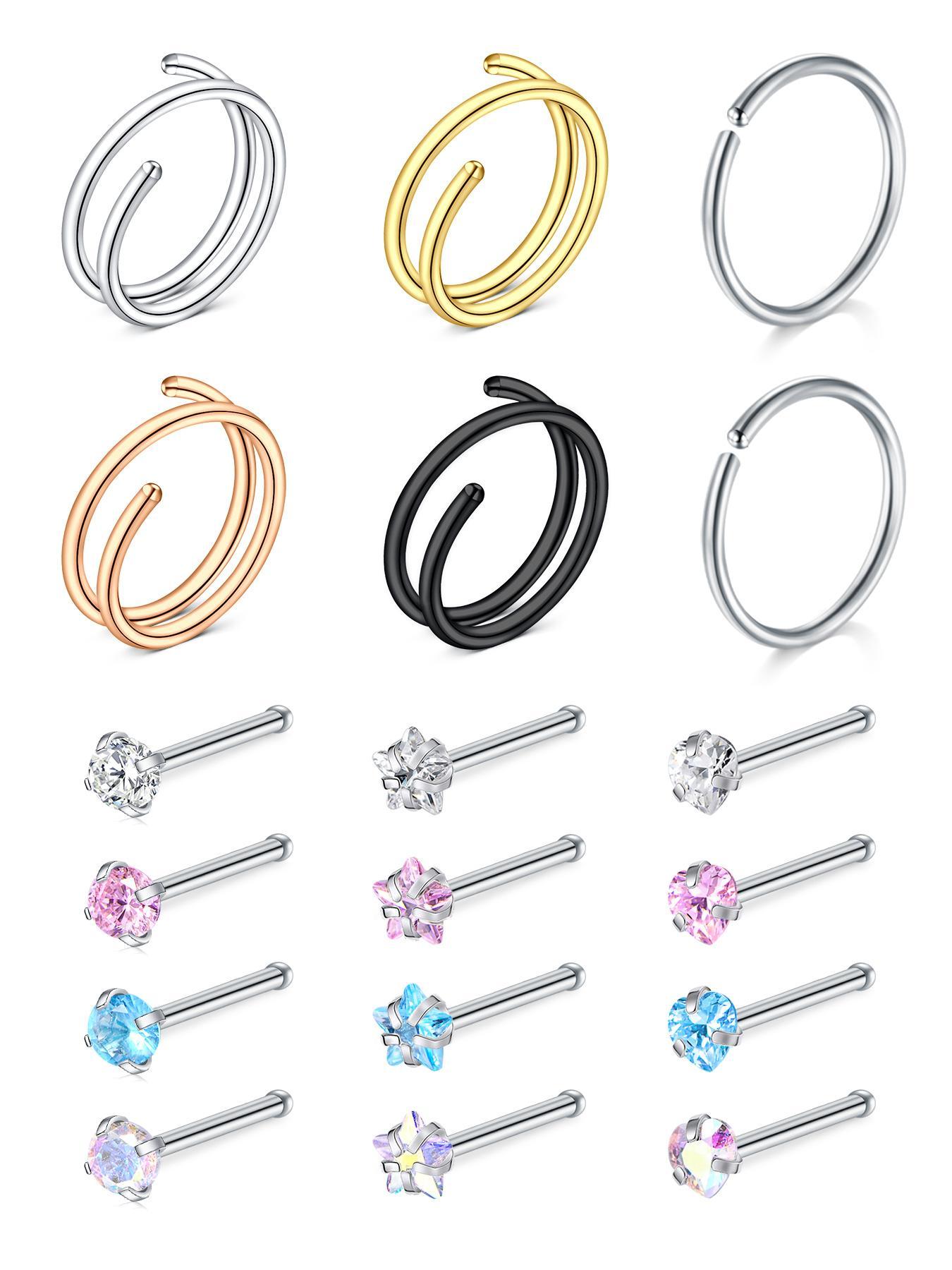 18pcs Rhinestone Decor Spiral Nose Ring & L-shaped Nose Stud Set, Nose Rings Set, Casual Stainless Steel Jewelry for Vacation Party Daily Gift, Classic Fashion Accessories for Daily Wear